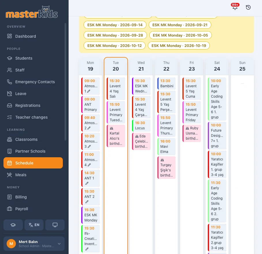 MasterKids App weekly schedule